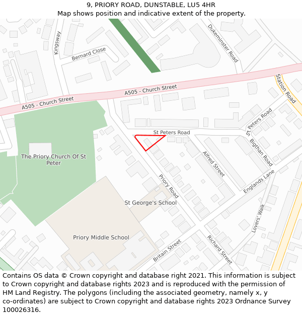 9, PRIORY ROAD, DUNSTABLE, LU5 4HR: Location map and indicative extent of plot