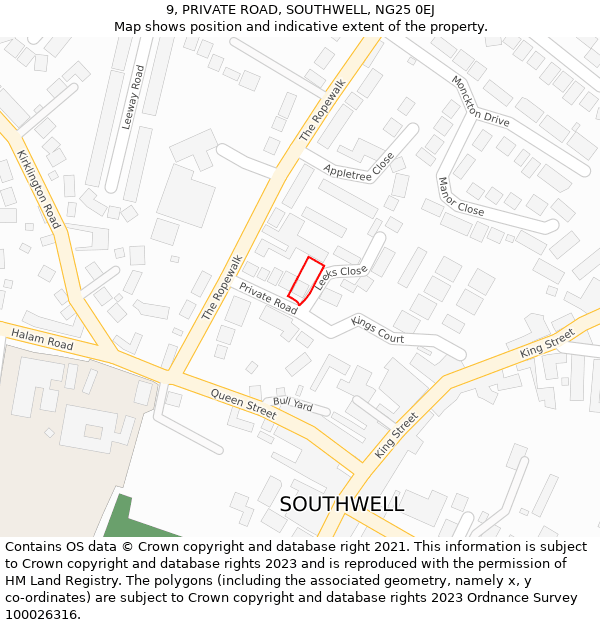 9, PRIVATE ROAD, SOUTHWELL, NG25 0EJ: Location map and indicative extent of plot