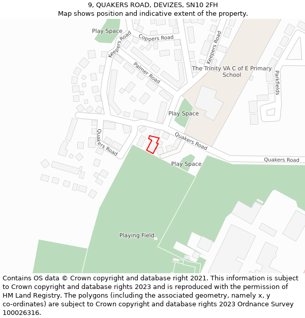 9, QUAKERS ROAD, DEVIZES, SN10 2FH: Location map and indicative extent of plot