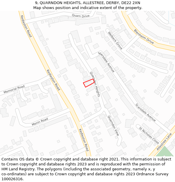 9, QUARNDON HEIGHTS, ALLESTREE, DERBY, DE22 2XN: Location map and indicative extent of plot