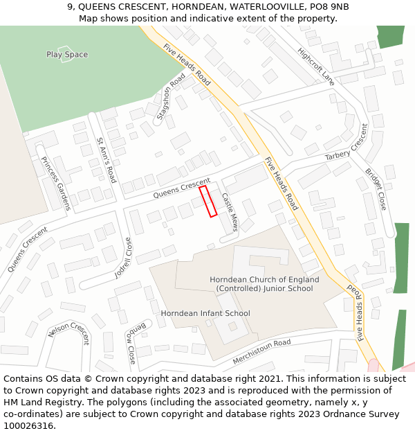 9, QUEENS CRESCENT, HORNDEAN, WATERLOOVILLE, PO8 9NB: Location map and indicative extent of plot