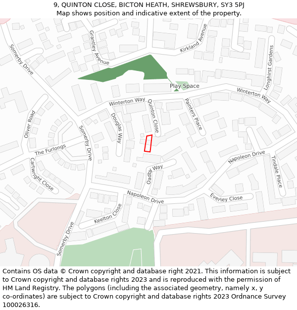 9, QUINTON CLOSE, BICTON HEATH, SHREWSBURY, SY3 5PJ: Location map and indicative extent of plot