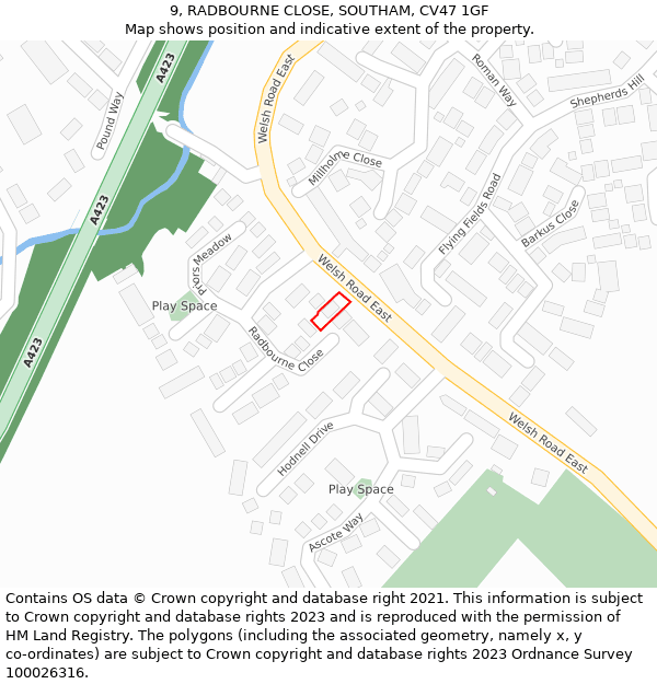 9, RADBOURNE CLOSE, SOUTHAM, CV47 1GF: Location map and indicative extent of plot