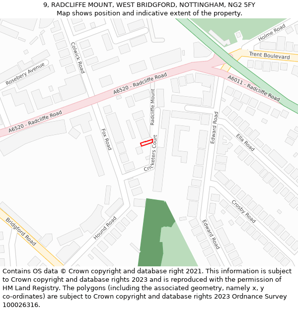 9, RADCLIFFE MOUNT, WEST BRIDGFORD, NOTTINGHAM, NG2 5FY: Location map and indicative extent of plot