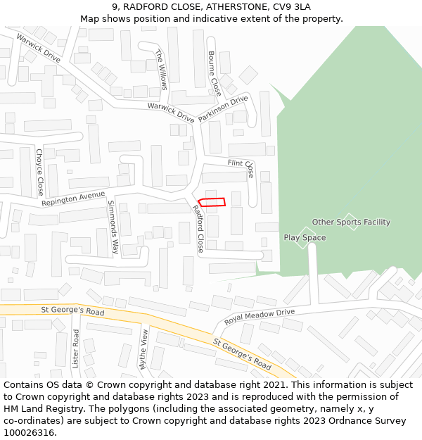 9, RADFORD CLOSE, ATHERSTONE, CV9 3LA: Location map and indicative extent of plot