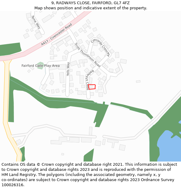 9, RADWAYS CLOSE, FAIRFORD, GL7 4FZ: Location map and indicative extent of plot