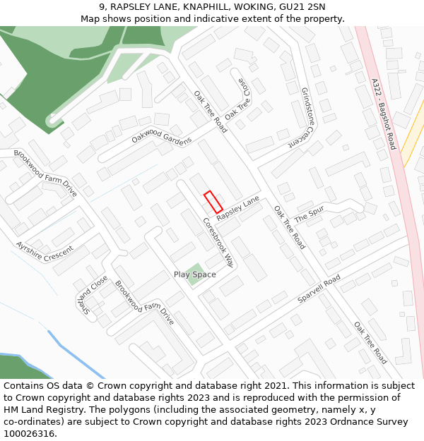 9, RAPSLEY LANE, KNAPHILL, WOKING, GU21 2SN: Location map and indicative extent of plot