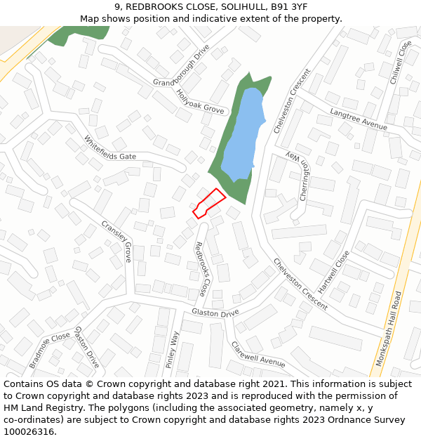 9, REDBROOKS CLOSE, SOLIHULL, B91 3YF: Location map and indicative extent of plot