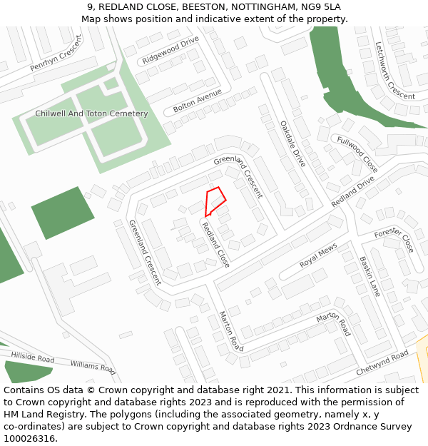 9, REDLAND CLOSE, BEESTON, NOTTINGHAM, NG9 5LA: Location map and indicative extent of plot