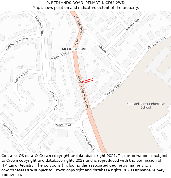 9, REDLANDS ROAD, PENARTH, CF64 2WD: Location map and indicative extent of plot