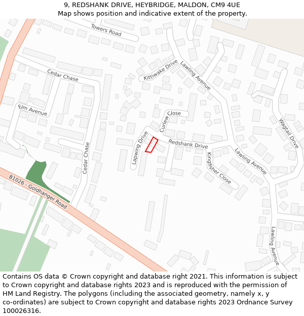 9, REDSHANK DRIVE, HEYBRIDGE, MALDON, CM9 4UE: Location map and indicative extent of plot