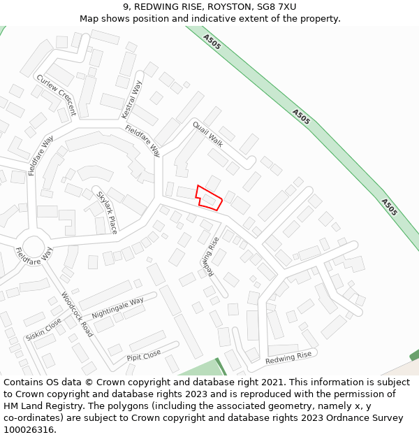 9, REDWING RISE, ROYSTON, SG8 7XU: Location map and indicative extent of plot