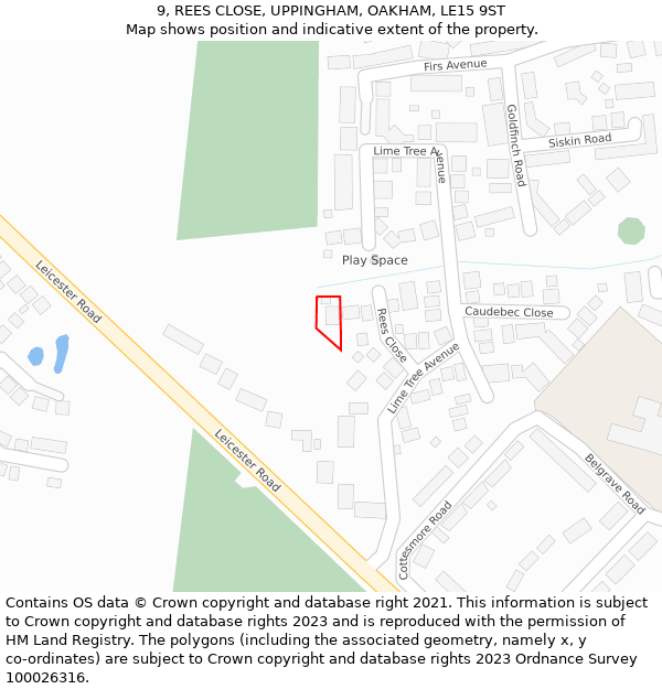 9, REES CLOSE, UPPINGHAM, OAKHAM, LE15 9ST: Location map and indicative extent of plot