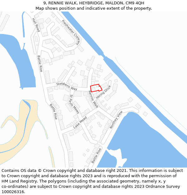 9, RENNIE WALK, HEYBRIDGE, MALDON, CM9 4QH: Location map and indicative extent of plot