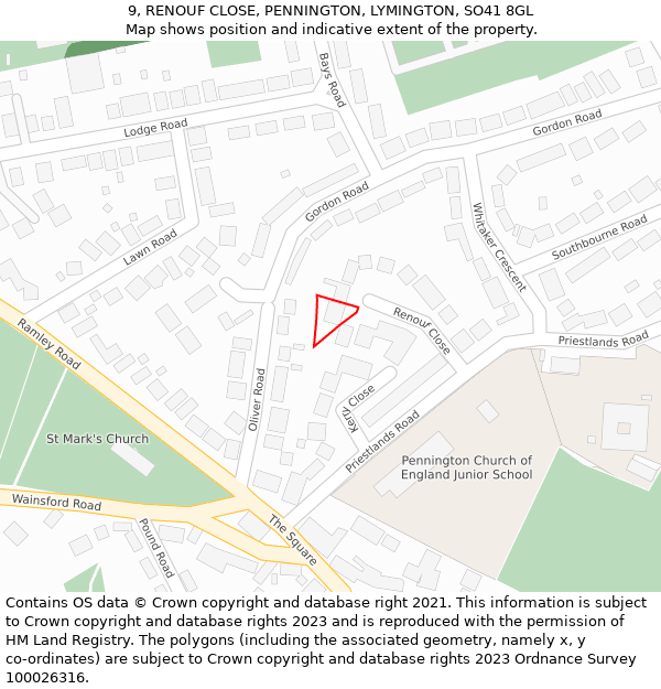 9, RENOUF CLOSE, PENNINGTON, LYMINGTON, SO41 8GL: Location map and indicative extent of plot