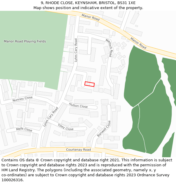 9, RHODE CLOSE, KEYNSHAM, BRISTOL, BS31 1XE: Location map and indicative extent of plot