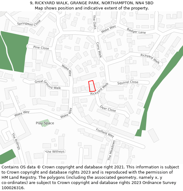 9, RICKYARD WALK, GRANGE PARK, NORTHAMPTON, NN4 5BD: Location map and indicative extent of plot