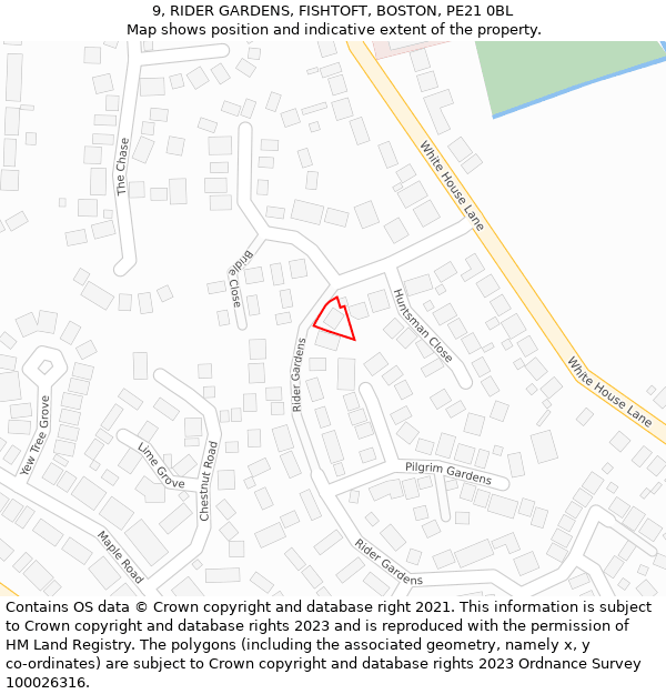 9, RIDER GARDENS, FISHTOFT, BOSTON, PE21 0BL: Location map and indicative extent of plot