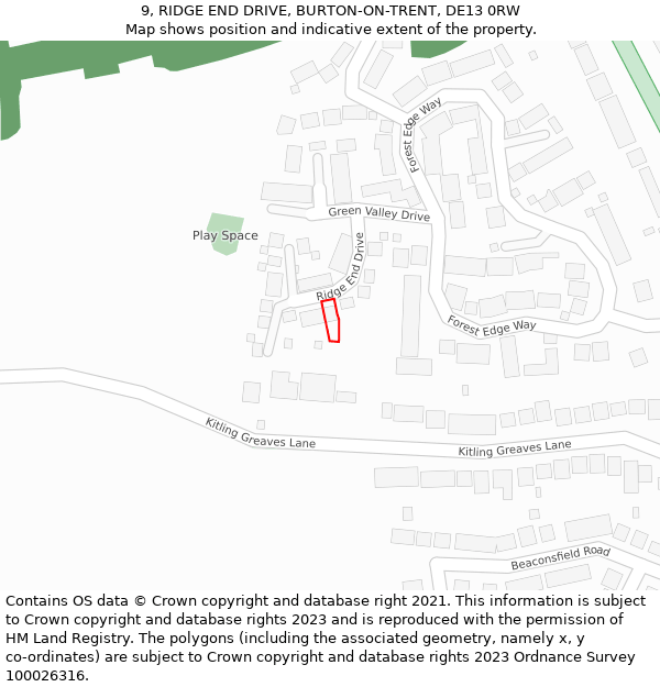 9, RIDGE END DRIVE, BURTON-ON-TRENT, DE13 0RW: Location map and indicative extent of plot