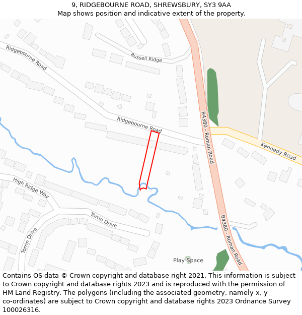 9, RIDGEBOURNE ROAD, SHREWSBURY, SY3 9AA: Location map and indicative extent of plot