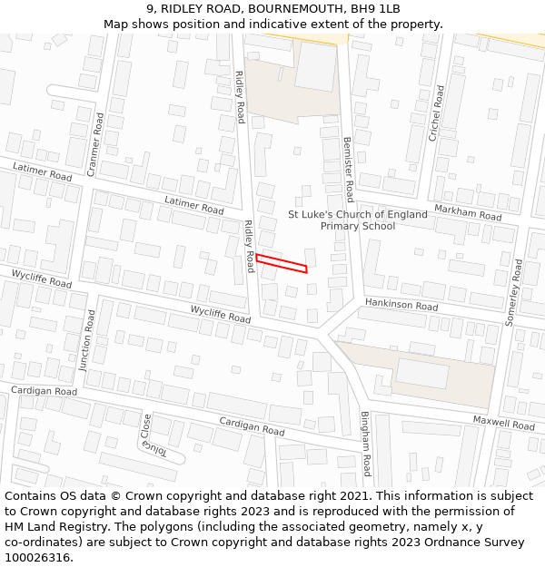 9, RIDLEY ROAD, BOURNEMOUTH, BH9 1LB: Location map and indicative extent of plot