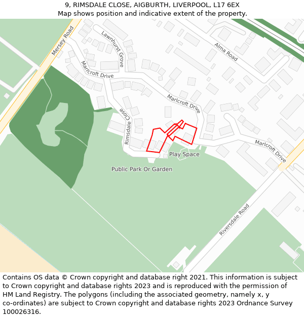 9, RIMSDALE CLOSE, AIGBURTH, LIVERPOOL, L17 6EX: Location map and indicative extent of plot