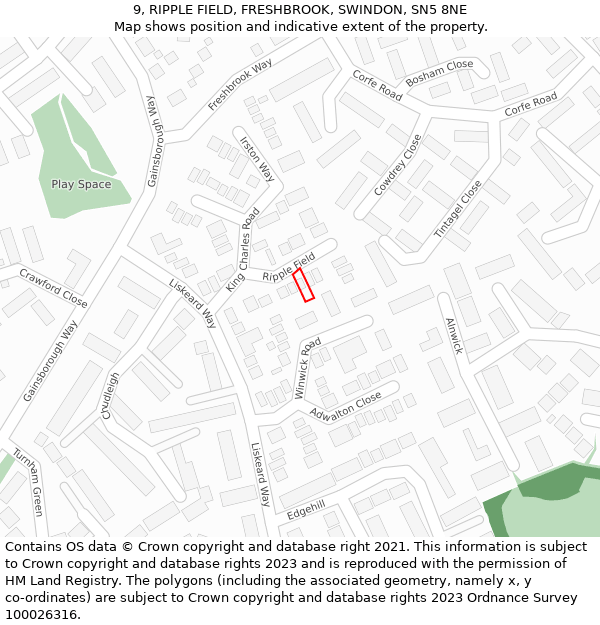 9, RIPPLE FIELD, FRESHBROOK, SWINDON, SN5 8NE: Location map and indicative extent of plot