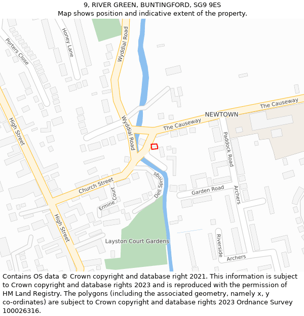 9, RIVER GREEN, BUNTINGFORD, SG9 9ES: Location map and indicative extent of plot