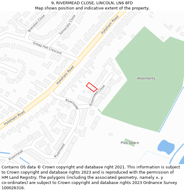 9, RIVERMEAD CLOSE, LINCOLN, LN6 8FD: Location map and indicative extent of plot
