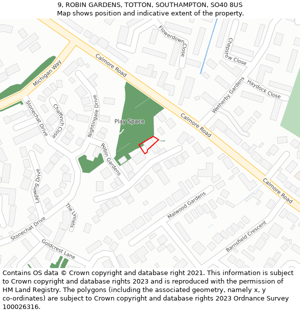 9, ROBIN GARDENS, TOTTON, SOUTHAMPTON, SO40 8US: Location map and indicative extent of plot