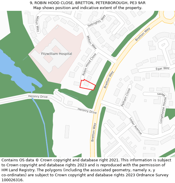 9, ROBIN HOOD CLOSE, BRETTON, PETERBOROUGH, PE3 9AR: Location map and indicative extent of plot