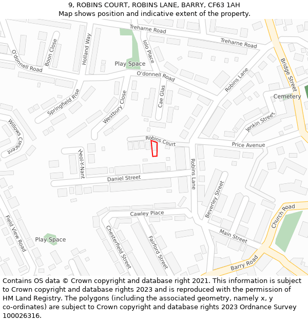 9, ROBINS COURT, ROBINS LANE, BARRY, CF63 1AH: Location map and indicative extent of plot