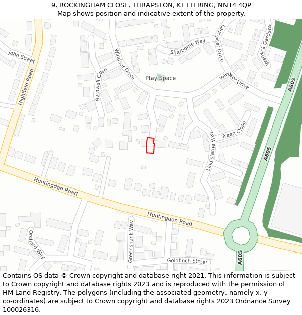 9, ROCKINGHAM CLOSE, THRAPSTON, KETTERING, NN14 4QP: Location map and indicative extent of plot