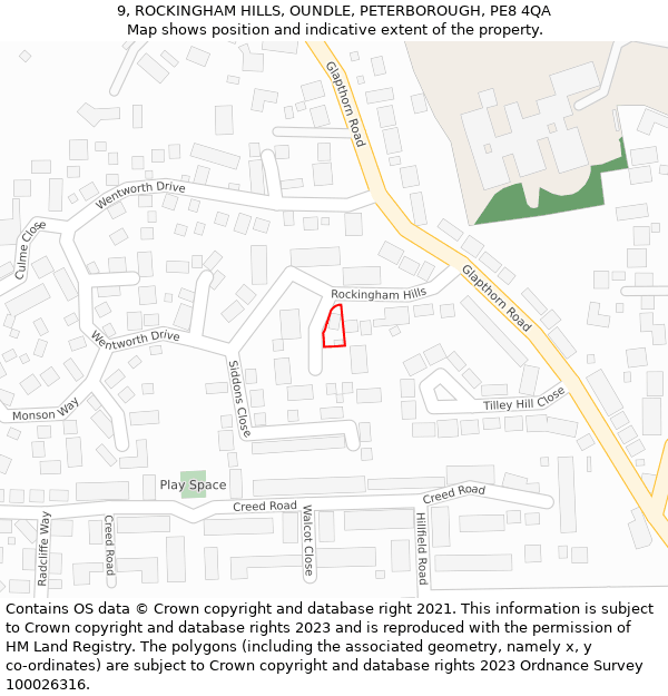 9, ROCKINGHAM HILLS, OUNDLE, PETERBOROUGH, PE8 4QA: Location map and indicative extent of plot