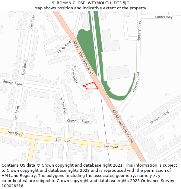 9, ROMAN CLOSE, WEYMOUTH, DT3 5JG: Location map and indicative extent of plot