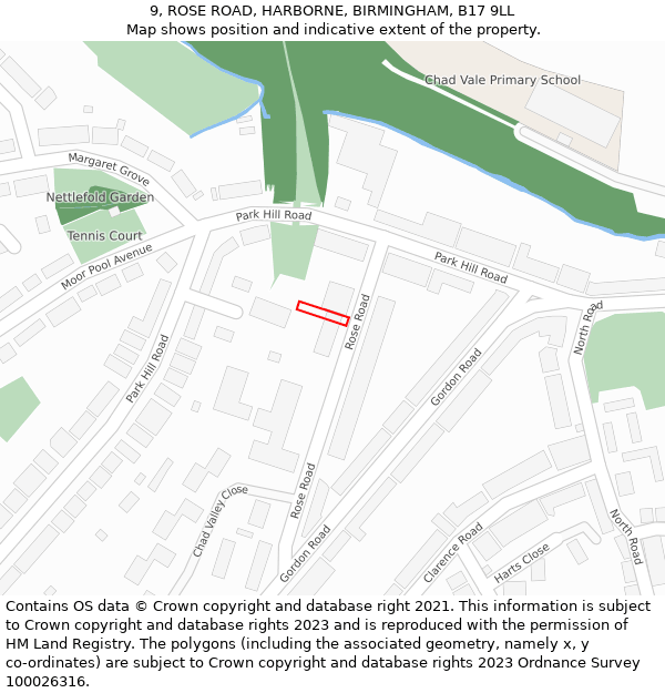 9, ROSE ROAD, HARBORNE, BIRMINGHAM, B17 9LL: Location map and indicative extent of plot