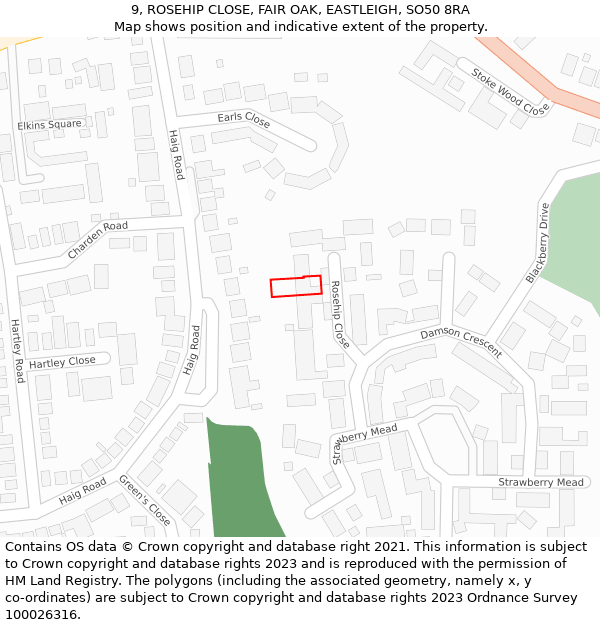 9, ROSEHIP CLOSE, FAIR OAK, EASTLEIGH, SO50 8RA: Location map and indicative extent of plot