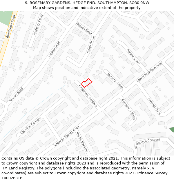 9, ROSEMARY GARDENS, HEDGE END, SOUTHAMPTON, SO30 0NW: Location map and indicative extent of plot