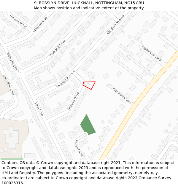 9, ROSSLYN DRIVE, HUCKNALL, NOTTINGHAM, NG15 8BU: Location map and indicative extent of plot