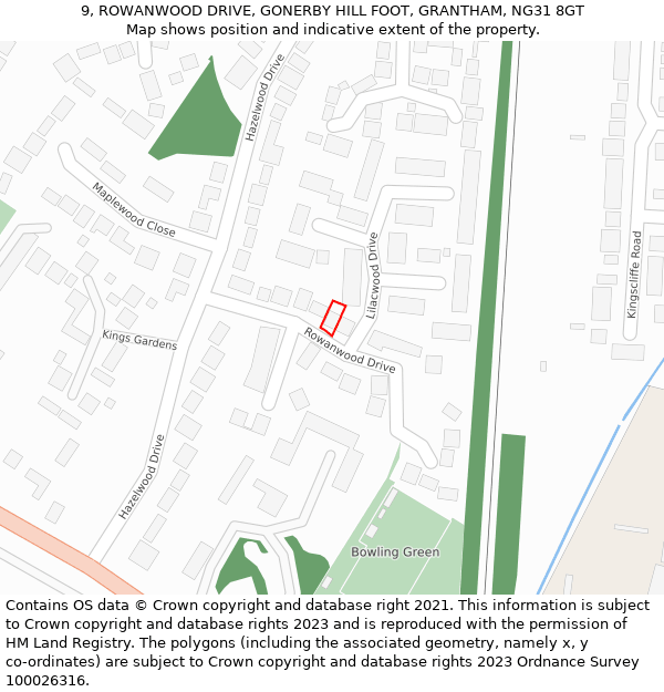 9, ROWANWOOD DRIVE, GONERBY HILL FOOT, GRANTHAM, NG31 8GT: Location map and indicative extent of plot