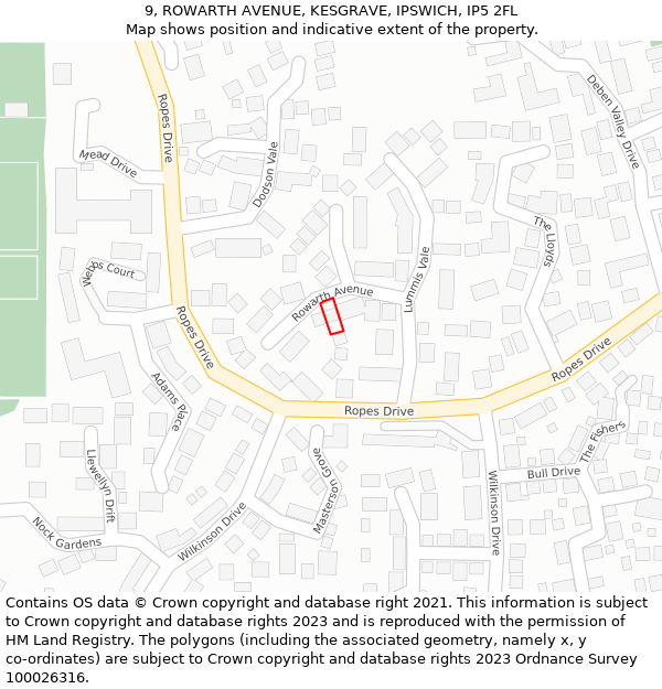 9, ROWARTH AVENUE, KESGRAVE, IPSWICH, IP5 2FL: Location map and indicative extent of plot