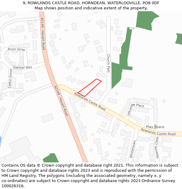 9, ROWLANDS CASTLE ROAD, HORNDEAN, WATERLOOVILLE, PO8 0DF: Location map and indicative extent of plot