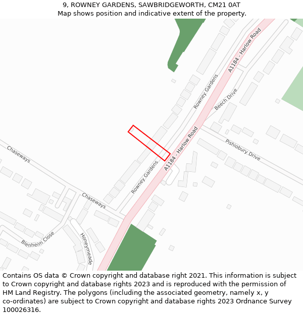 9, ROWNEY GARDENS, SAWBRIDGEWORTH, CM21 0AT: Location map and indicative extent of plot