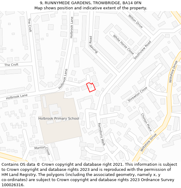 9, RUNNYMEDE GARDENS, TROWBRIDGE, BA14 0FN: Location map and indicative extent of plot