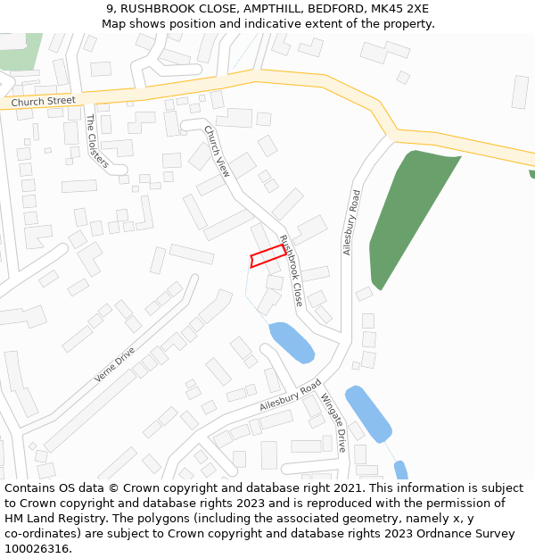 9, RUSHBROOK CLOSE, AMPTHILL, BEDFORD, MK45 2XE: Location map and indicative extent of plot