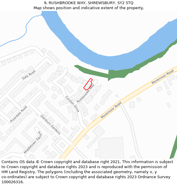 9, RUSHBROOKE WAY, SHREWSBURY, SY2 5TQ: Location map and indicative extent of plot