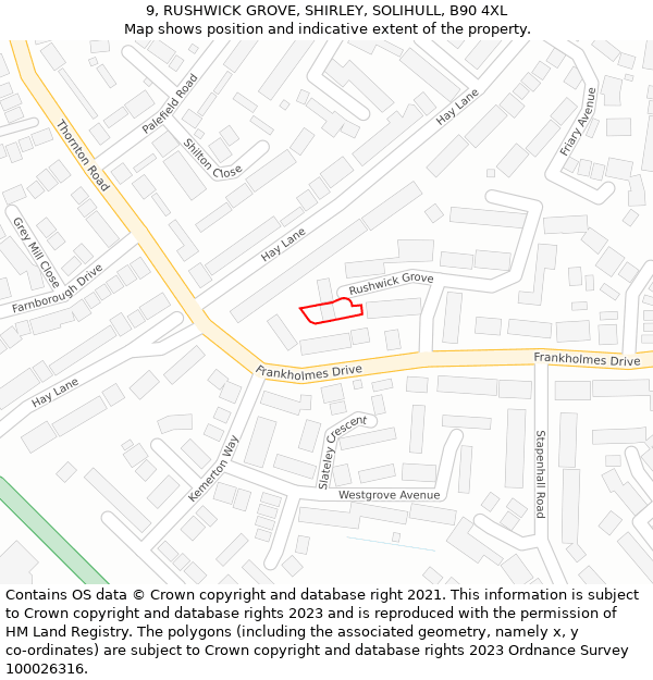 9, RUSHWICK GROVE, SHIRLEY, SOLIHULL, B90 4XL: Location map and indicative extent of plot