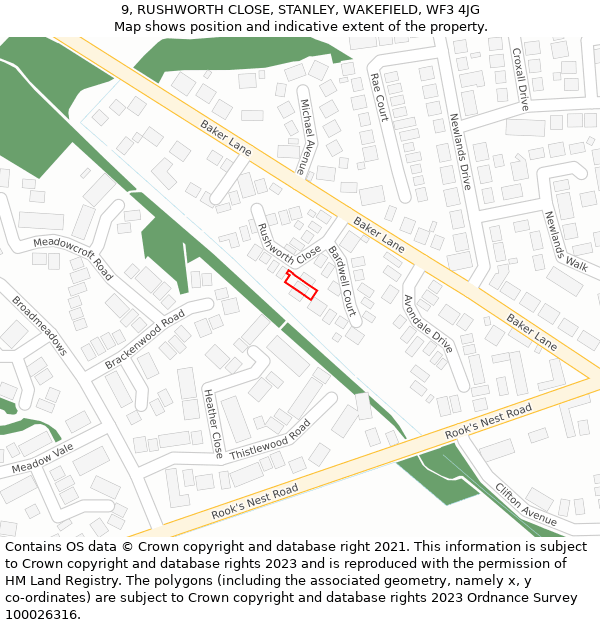 9, RUSHWORTH CLOSE, STANLEY, WAKEFIELD, WF3 4JG: Location map and indicative extent of plot