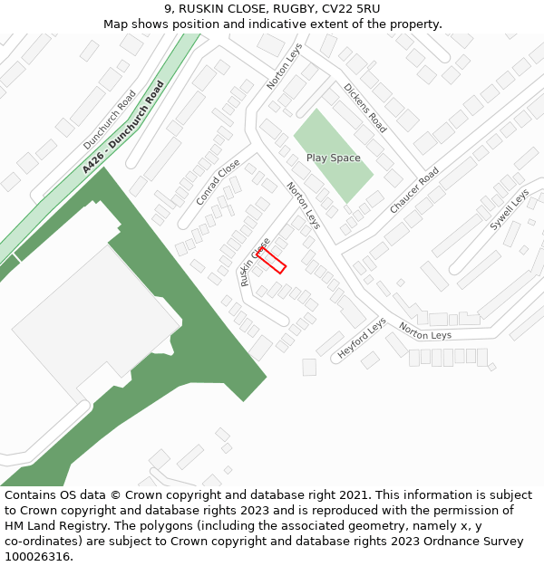 9, RUSKIN CLOSE, RUGBY, CV22 5RU: Location map and indicative extent of plot