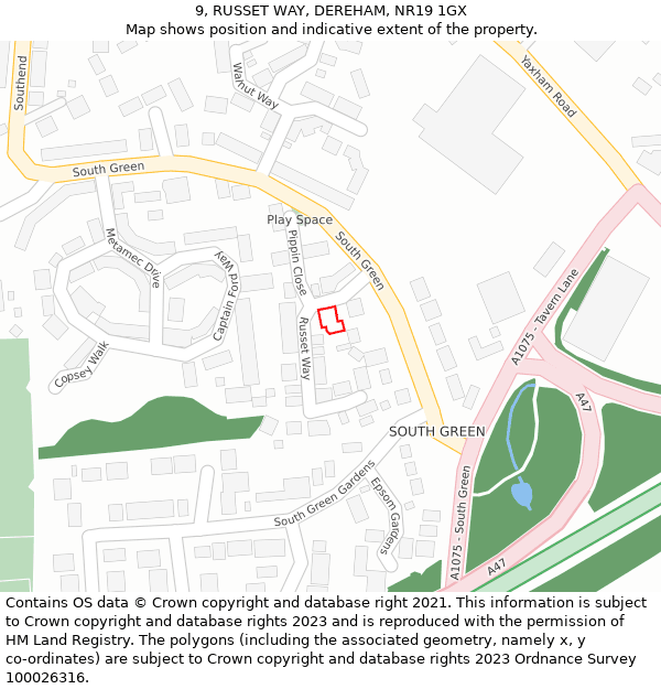 9, RUSSET WAY, DEREHAM, NR19 1GX: Location map and indicative extent of plot